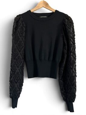 Jealous Tomato Black Sweater Sheer Puff Sleeve Fringe Detail Scoop Neck Size L
